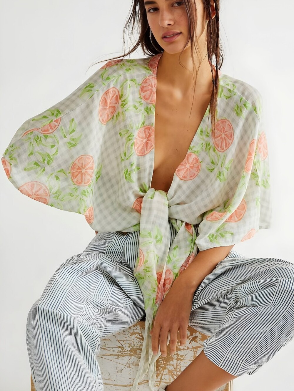 Free People Orange Slice Gingham Loose Tutti Frutti Kimono, OS